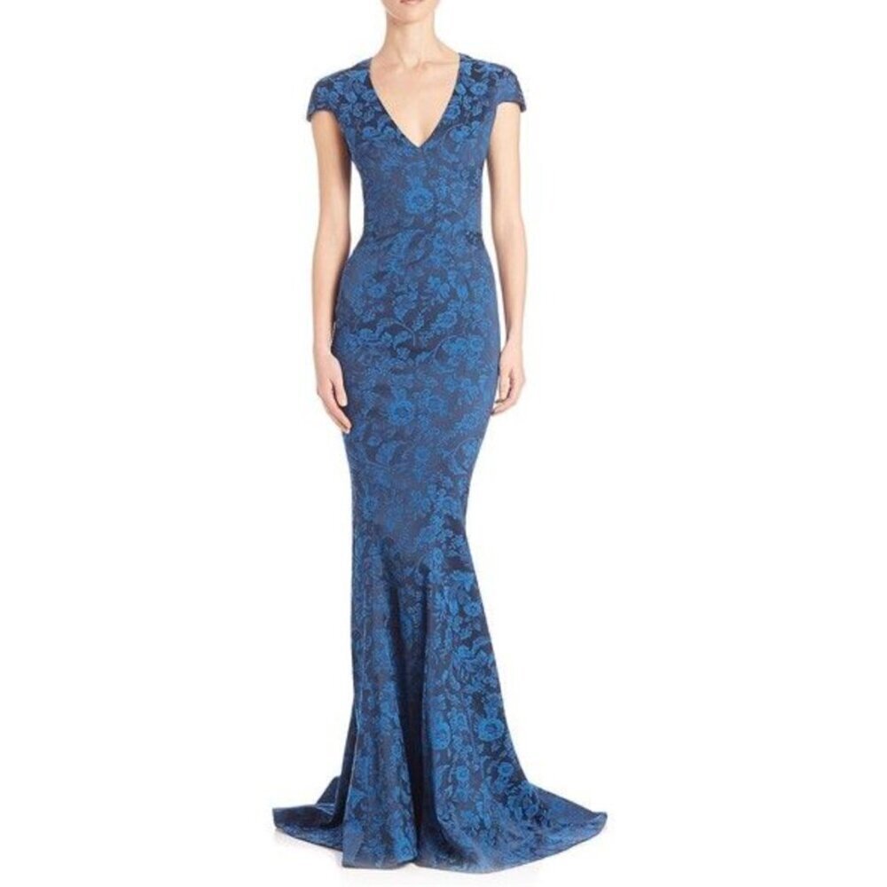 Zac Posen blue and black floral jacquard cap sleeve gown